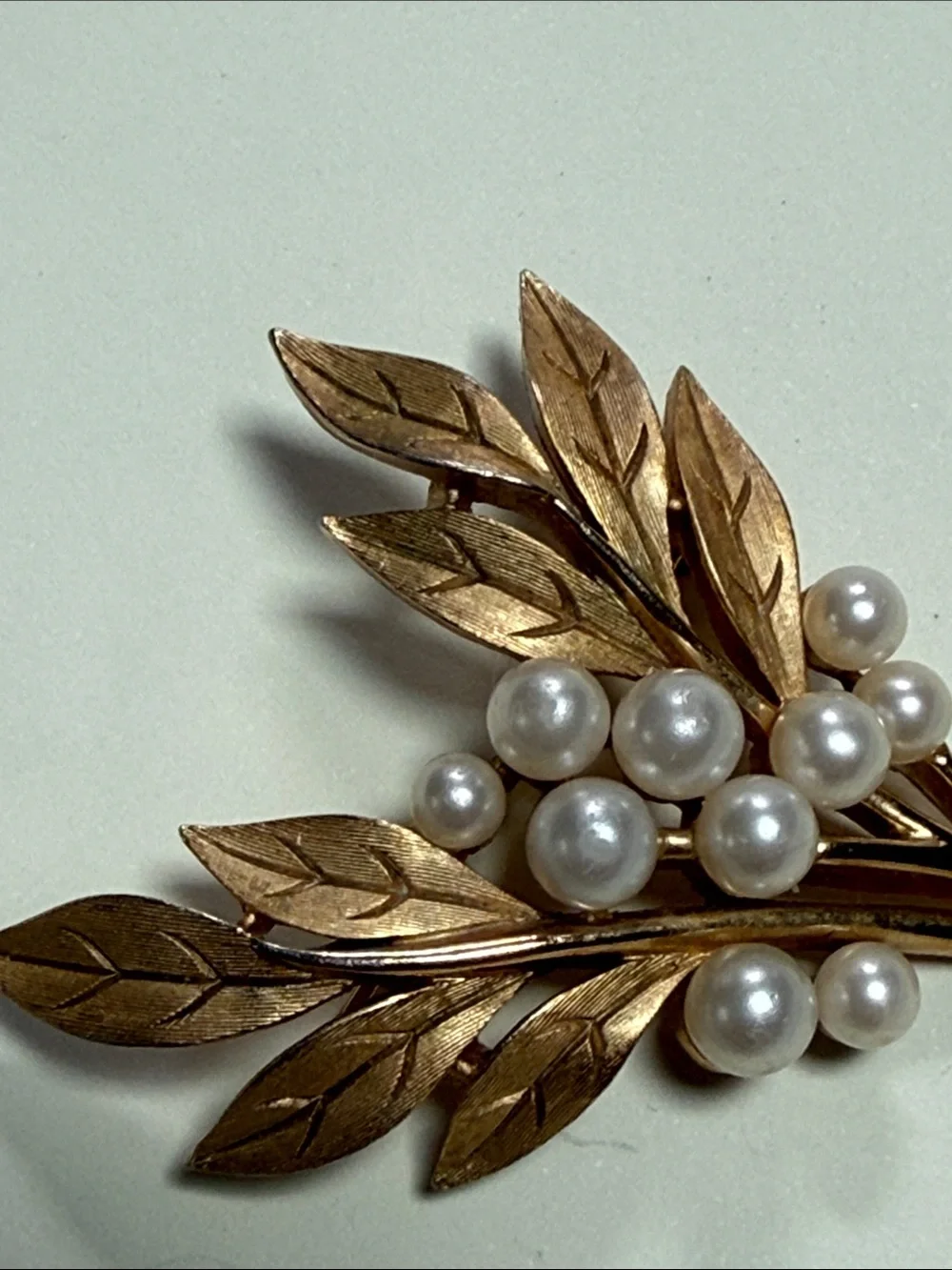 Vintage Crown Trifari Goldtone and Faux Pearl Leaf Brooch
